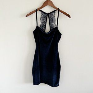 Lulus Halter Bodycon Velvet Velour Mini Dress Small Blue Lace Back Holiday